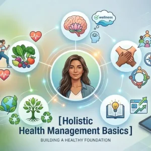 Holistic Health Management Basics course banner showing wellness, balance, and holistic health visuals.