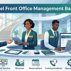 Hotel Front Office Management Basics course banner showing reception desk, hospitality staff, and customer service visuals.