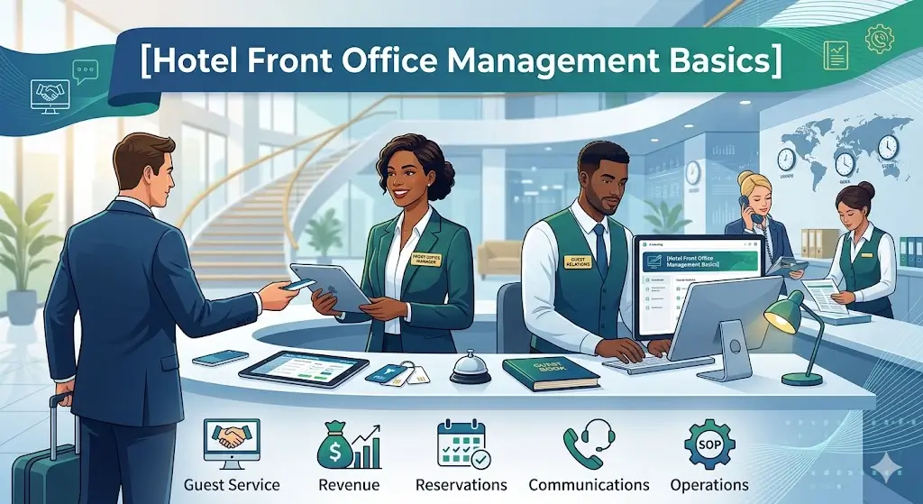 Hotel Front Office Management Basics course banner showing reception desk, hospitality staff, and customer service visuals.