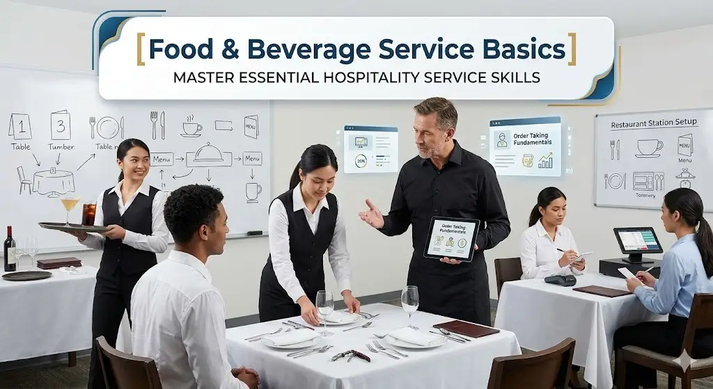 Food & Beverage Service Basics course banner showing restaurant service, dining setup, and hospitality visuals. Food & Beverage Service Basics course banner showing restaurant service, dining setup, and hospitality visuals. Food & Beverage Service Basics course banner showing restaurant service, dining setup, and hospitality visuals.