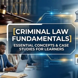 Criminal Law Fundamentals course banner showing law books, gavel, and justice scales.