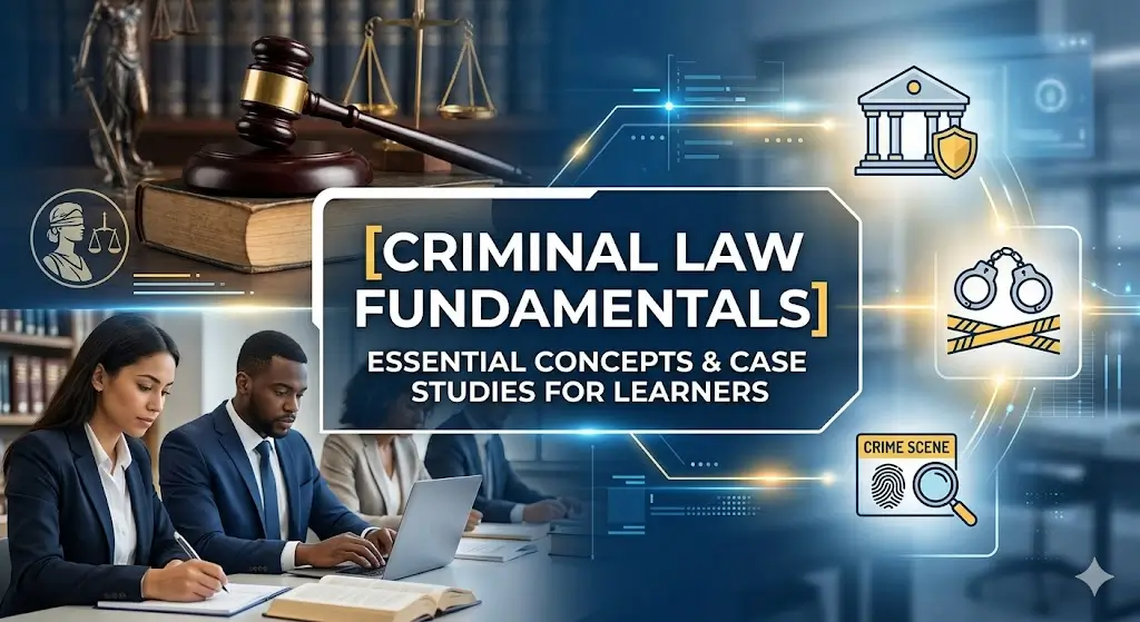 Criminal Law Fundamentals course banner showing law books, gavel, and justice scales.