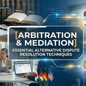 Arbitration & Mediation course banner showing handshake, gavel, and balanced scales visuals.