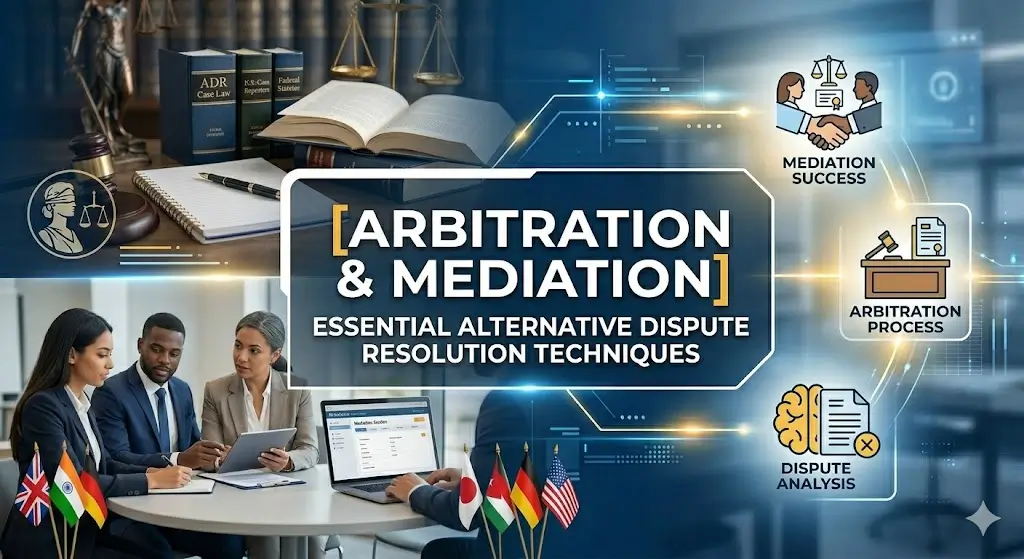 Arbitration & Mediation course banner showing handshake, gavel, and balanced scales visuals.