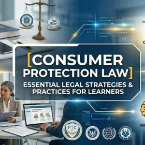 Consumer Protection Law course banner showing shopping cart, shield, and justice scales.