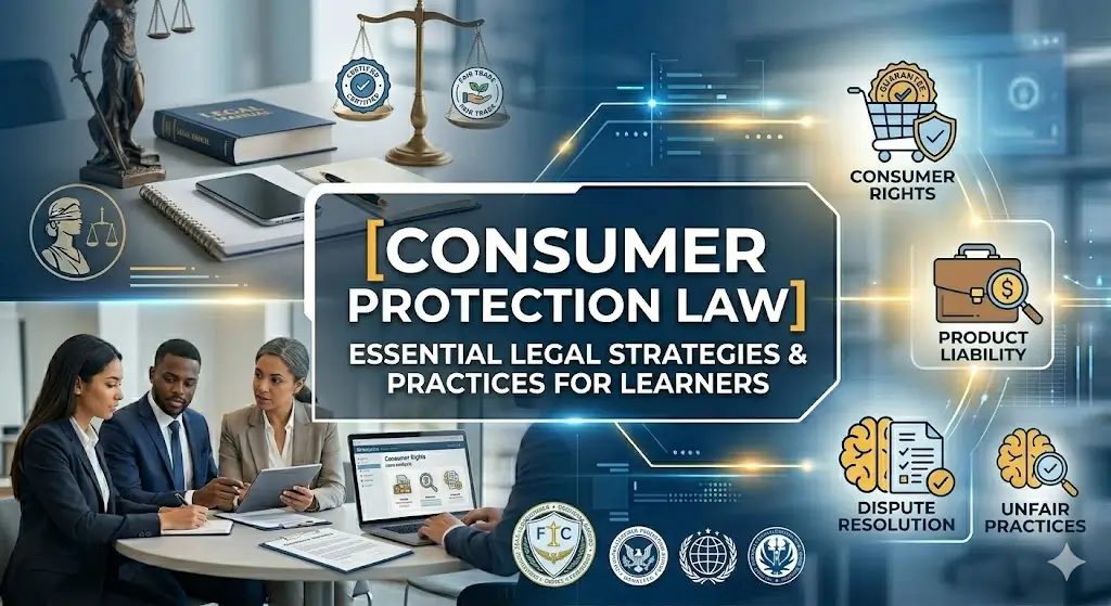 Consumer Protection Law course banner showing shopping cart, shield, and justice scales.