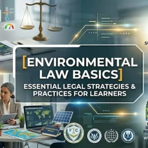 Environmental Law Basics course banner showing scales of justice, green earth, and sustainability icons.