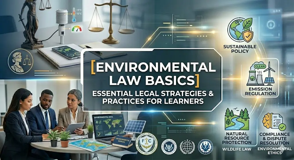 Environmental Law Basics course banner showing scales of justice, green earth, and sustainability icons.