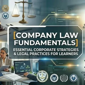 Company Law Fundamentals course banner showing corporate building, law books, and justice scales.