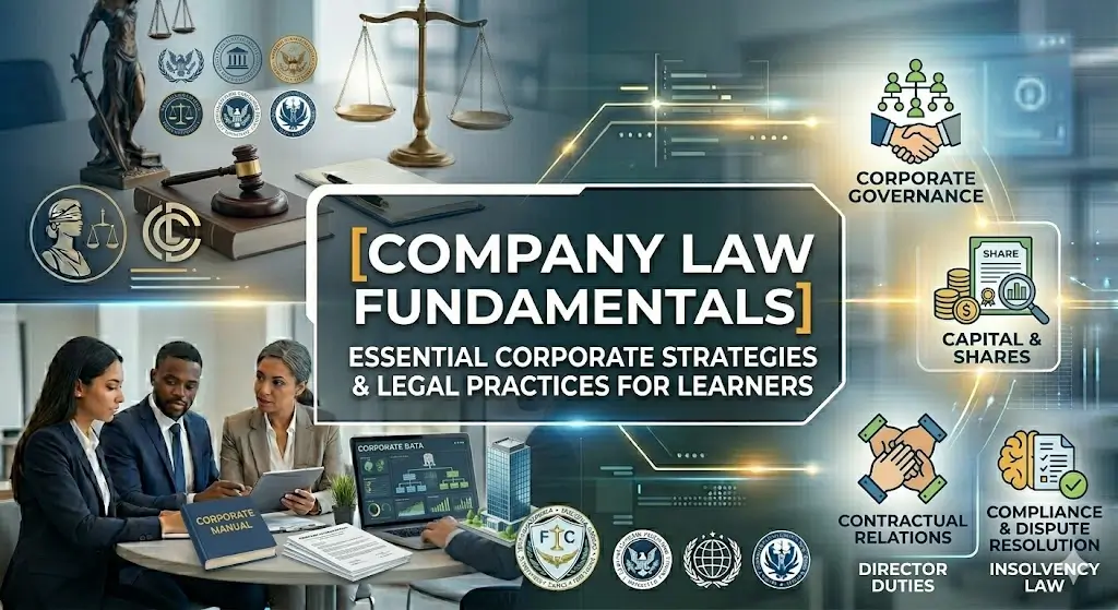 Company Law Fundamentals course banner showing corporate building, law books, and justice scales.
