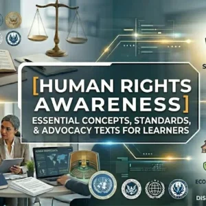 Human Rights Awareness course banner showing scales of justice, diverse people icons, and global unity visuals.