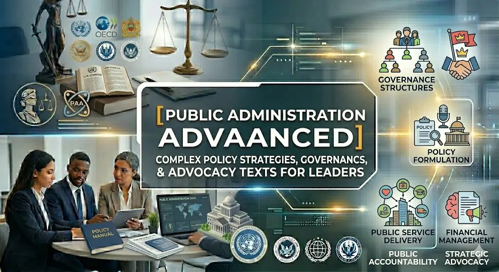 Public Administration Advanced course banner showing government buildings, policy documents, and leadership visuals.