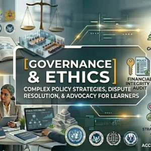Governance & Ethics course banner showing scales of justice, government building, and ethical leadership visuals.
