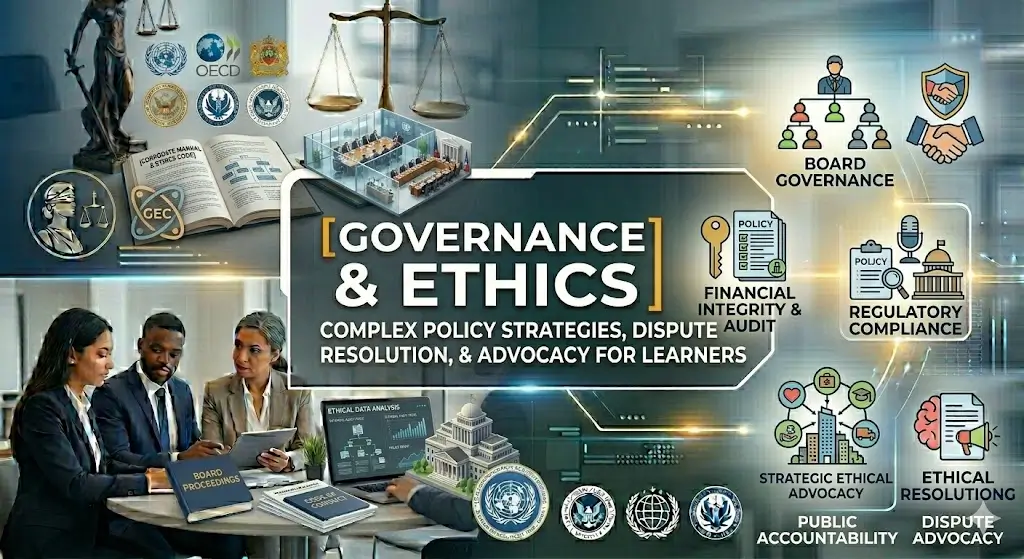 Governance & Ethics course banner showing scales of justice, government building, and ethical leadership visuals.