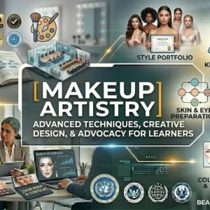 Makeup Artistry course banner showing makeup brushes, cosmetics, and professional beauty visuals.