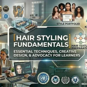 Hair Styling Fundamentals course banner showing hair tools, salon visuals, and professional styling concepts.