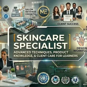 Skincare Specialist Training course banner showing skincare products, facial treatment visuals, and professional spa setup.