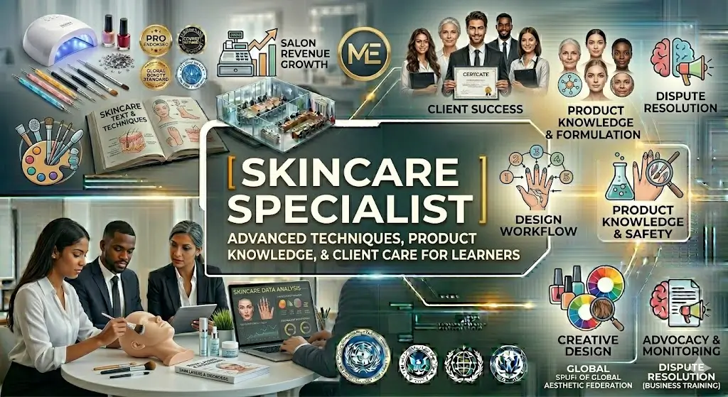 Skincare Specialist Training course banner showing skincare products, facial treatment visuals, and professional spa setup.