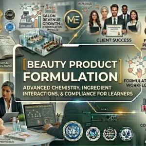 Beauty Product Formulation course banner showing cosmetic lab tools, skincare bottles, and chemical formulation visuals.
