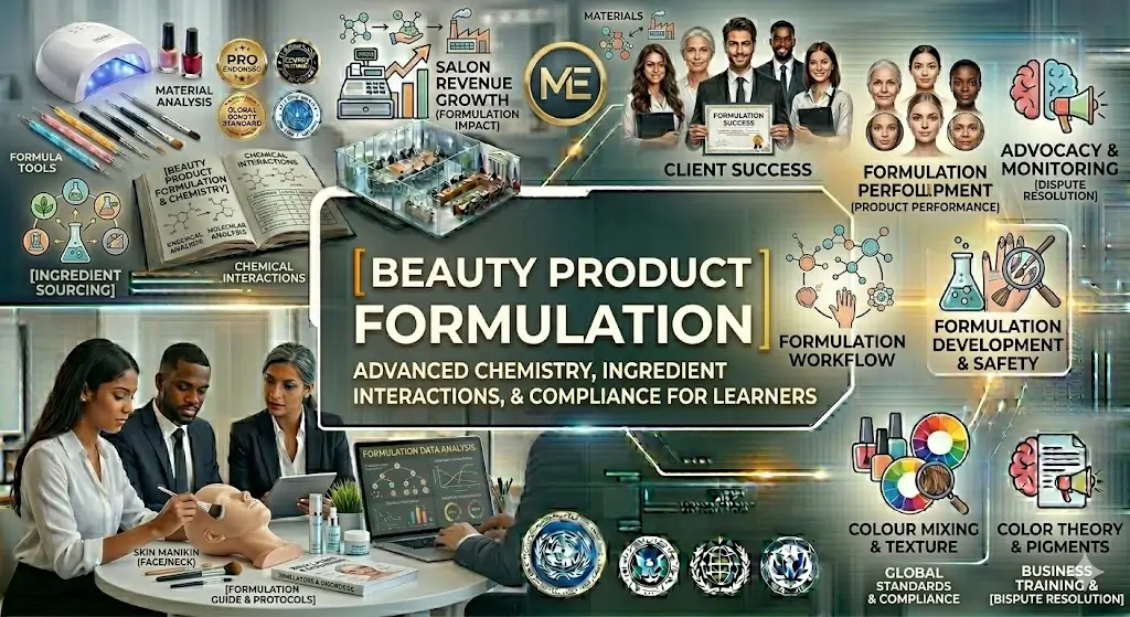 Beauty Product Formulation course banner showing cosmetic lab tools, skincare bottles, and chemical formulation visuals.