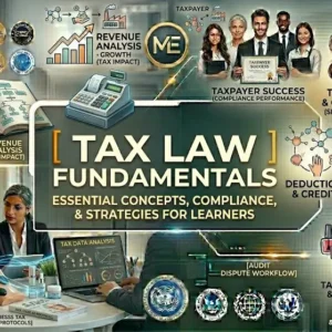 Tax Law Fundamentals course banner showing tax documents, calculator, and justice scales.
