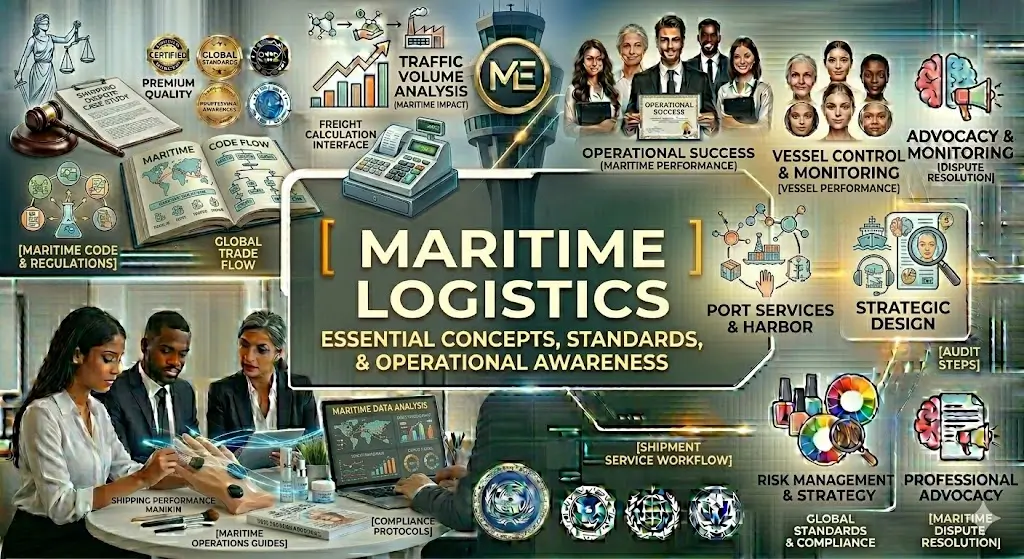 Maritime Logistics course banner showing cargo ships, containers, and global trade visuals.