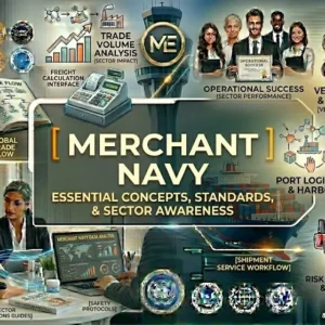 Merchant Navy Awareness course banner showing cargo ships, sailors, and global trade visuals.