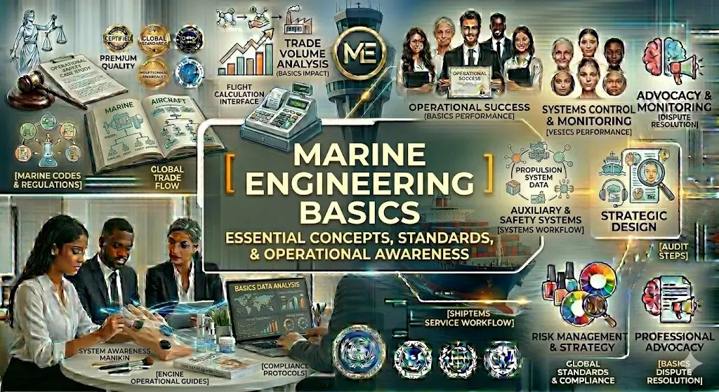 Marine Engineering Basics course banner showing ship engine, propeller, and technical diagrams