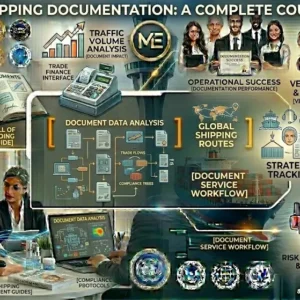 Shipping Documentation course banner showing bills of lading, cargo containers, and shipping paperwork.