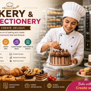 Bakery & Confectionery course banner showing baking tools, pastries, and confectionery visuals