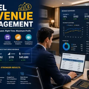 : Hotel Revenue Management course banner showing hotel analytics, charts, and revenue visuals