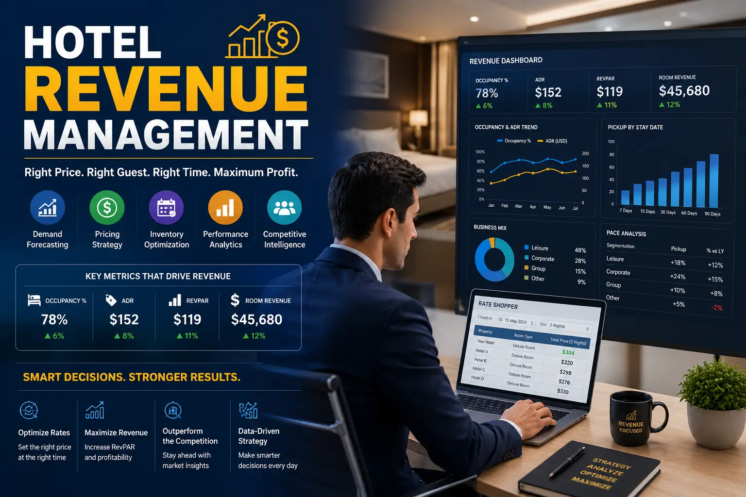 : Hotel Revenue Management course banner showing hotel analytics, charts, and revenue visuals