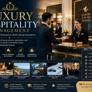Luxury Hospitality Management course banner showing premium hotels and service visuals