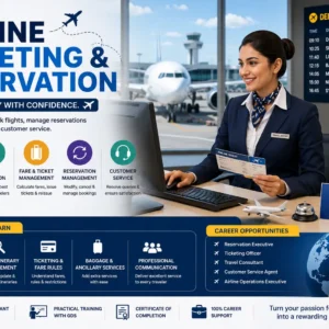 Airline Ticketing & Reservation course banner showing booking systems and airline visuals
