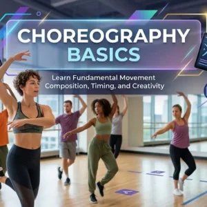 Choreography Basics course banner showing dance moves, stage, and training visuals