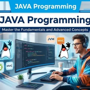 JAVA Programming course banner showing code editor, laptop, and Java logo visuals