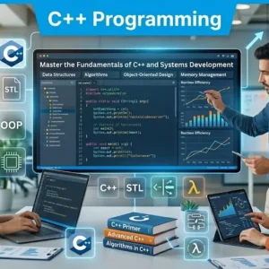 C++ Programming course banner showing code editor, C++ logo, and development visual