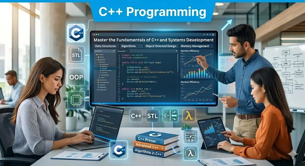 C++ Programming course banner showing code editor, C++ logo, and development visual