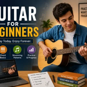 Professional Guitar for Beginners course image with acoustic and electric guitars