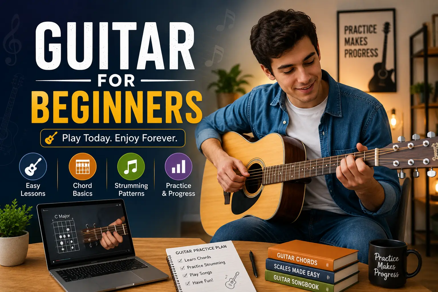 Professional Guitar for Beginners course image with acoustic and electric guitars