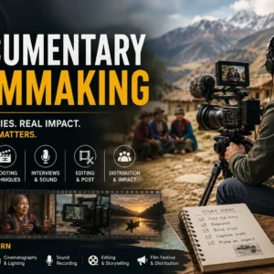 Professional Documentary Filmmaking course image with camera and editing visuals