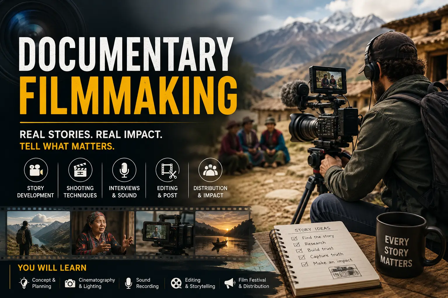 Professional Documentary Filmmaking course image with camera and editing visuals