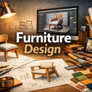 Professional Furniture Design course image with sketches and 3D modeling tools