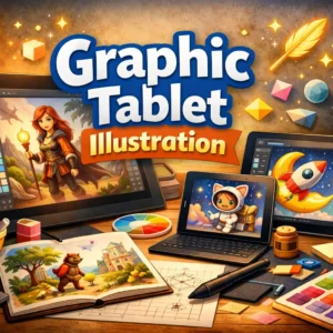 Professional Graphic Tablet Illustration course image with digital art tools and workspace
