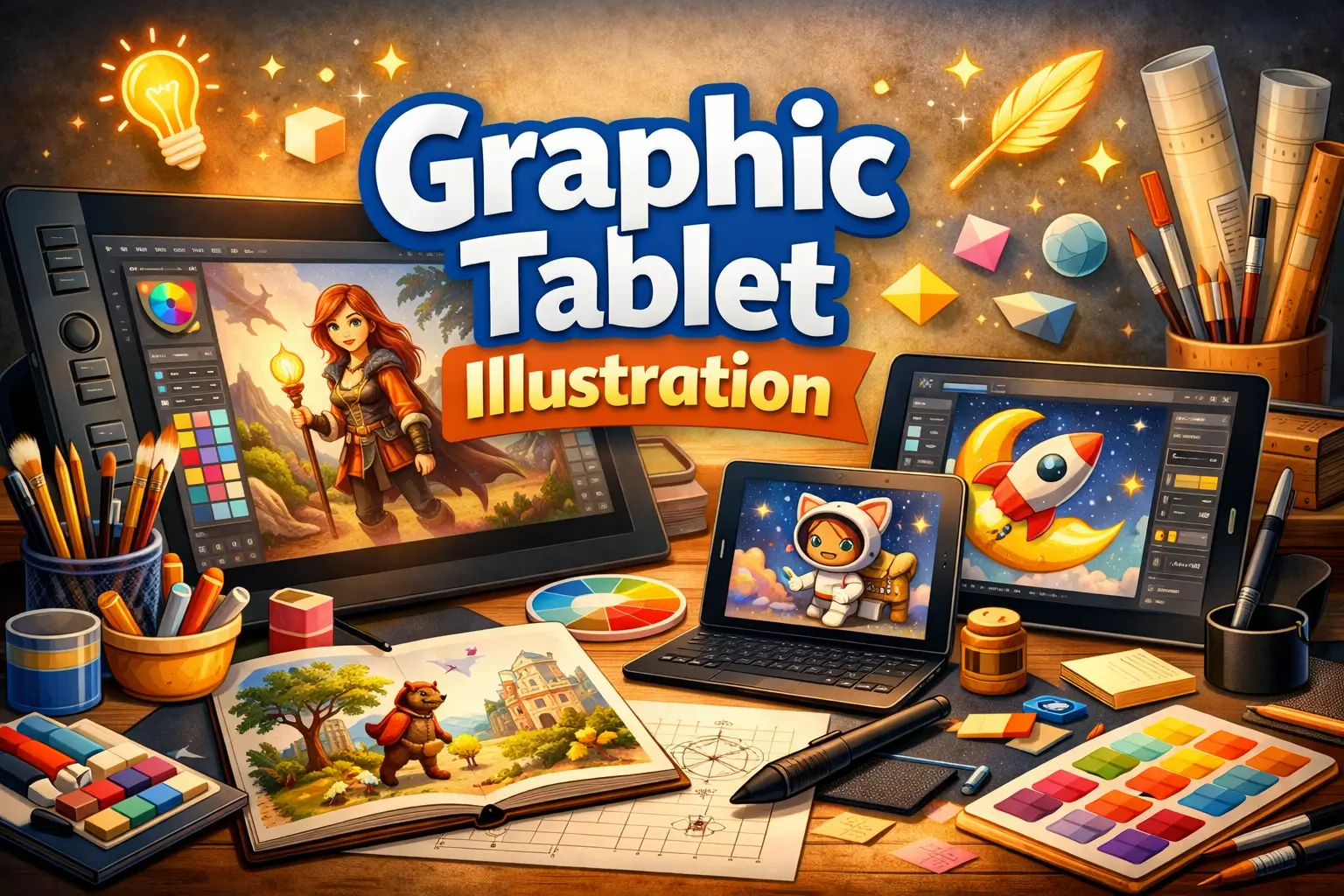 Professional Graphic Tablet Illustration course image with digital art tools and workspace