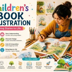 Colorful Children’s Book Illustration course image with art supplies and digital tools