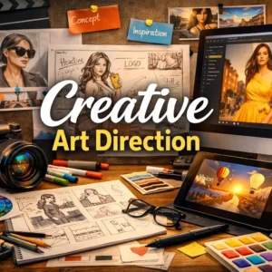 Professional Creative Art Direction course image with camera, sketches, and digital workspace