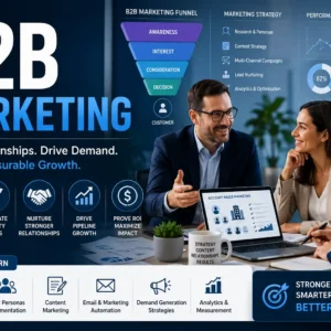 Professional B2B Marketing course image with business analytics and digital strategy visuals