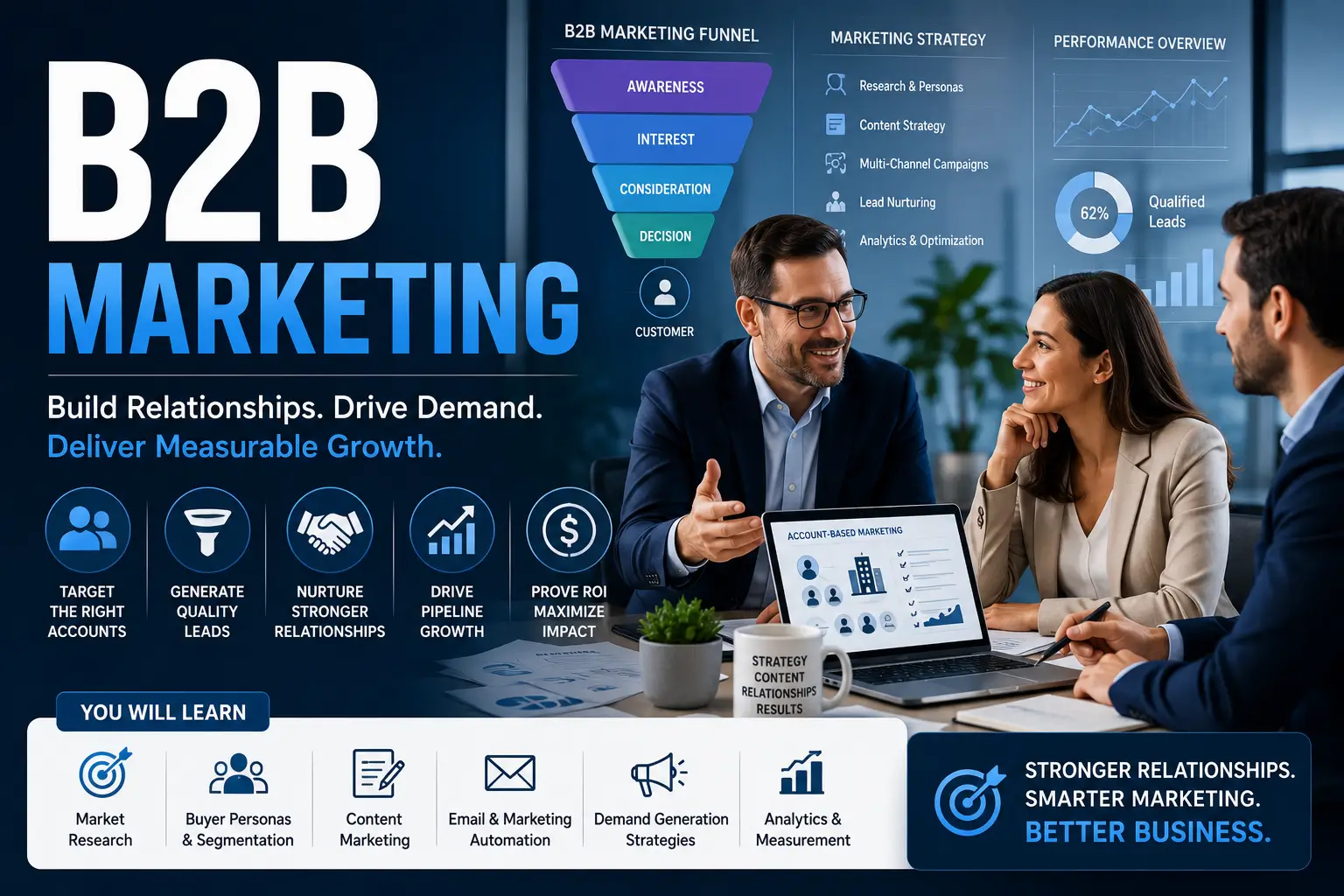 Professional B2B Marketing course image with business analytics and digital strategy visuals