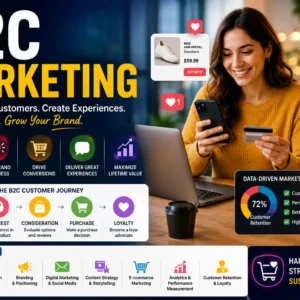 Professional B2C Marketing course image with consumer engagement and digital marketing visuals